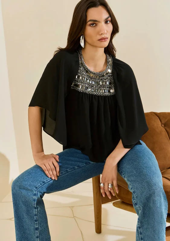 Blusa Morena Rosa Solta Decote Careca Manga 3 Quartos Padrão Preto - Morena Rosa - Outlet