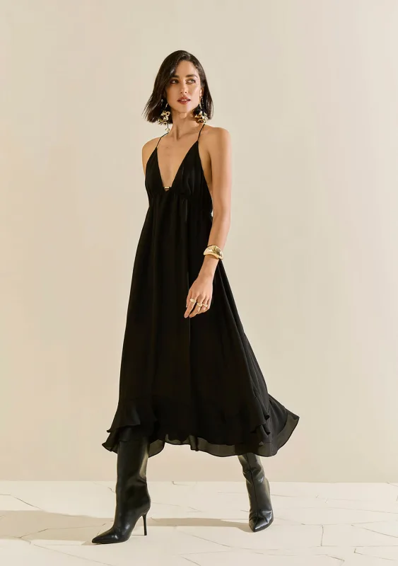 Vestido Morena Rosa Solto Decote V Com Alça Midi Preto - Morena Rosa