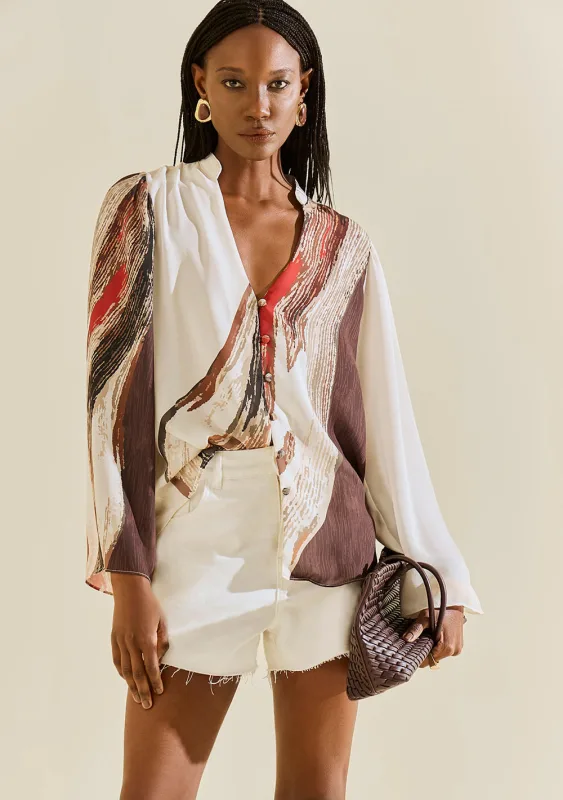 Camisa Morena Rosa Solta Decote V Manga Longa Padrão Off White - Morena Rosa - Outlet