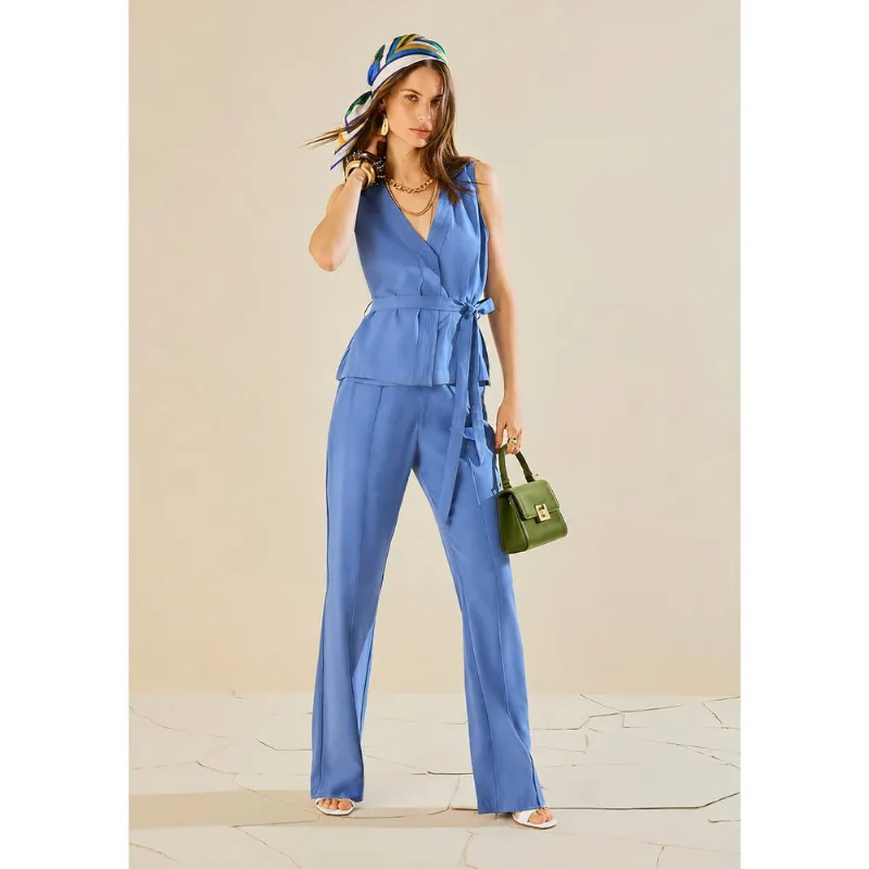 Blusa Morena Rosa Ajustada Decote V Sem Manga Padrão Azul G