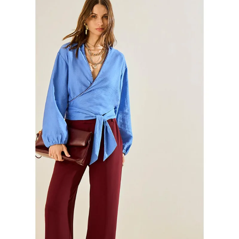 Blusa Morena Rosa Solta Decote V Manga Longa Alongada Azul P