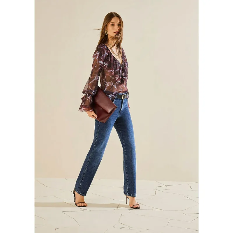 Blusa Morena Rosa Solta Decote V Manga Longa Padrão Bordo P - Morena Rosa