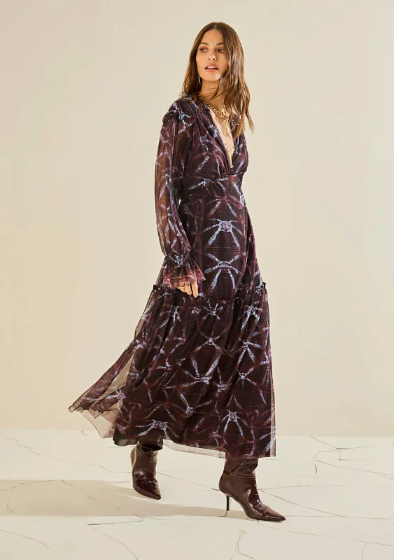 Vestido Morena Rosa Solto Decote V Manga Longa Longo Bordo - Morena Rosa