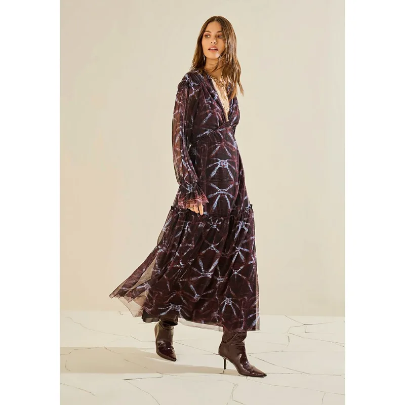Vestido Morena Rosa Solto Decote V Manga Longa Longo Bordo M