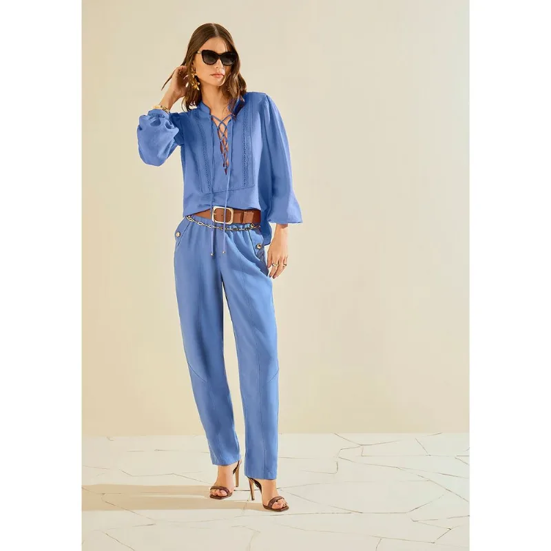 Blusa Morena Rosa Solta Decote V Manga Longa Padrão Azul P