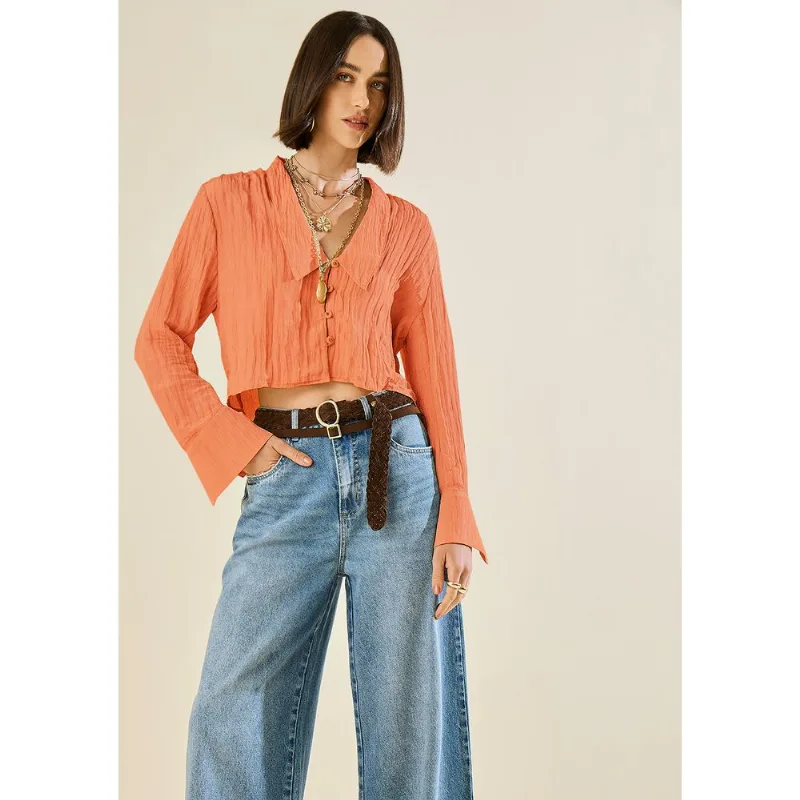 Blusa Morena Rosa Ajustada Decote V Manga Longa Padrão Marrom G