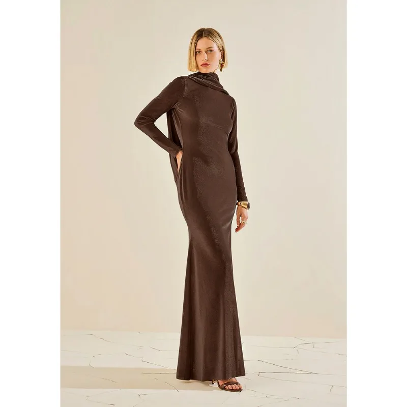 Vestido Morena Rosa Ajustado Decote Canoa Manga Longa Longo Marrom G