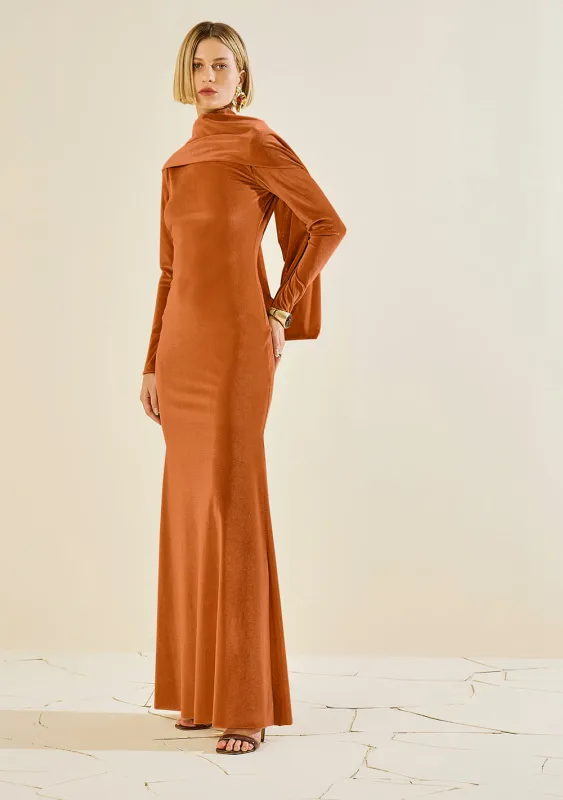 Vestido Morena Rosa Ajustado Decote Canoa Manga Longa Longo Laranja - Morena Rosa - Linhas