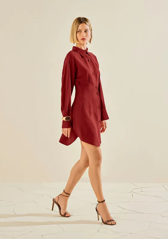 Vestido Morena Rosa Ajustado Gola Clássica Manga Longa Curto Vermelho - Morena Rosa - Linhas