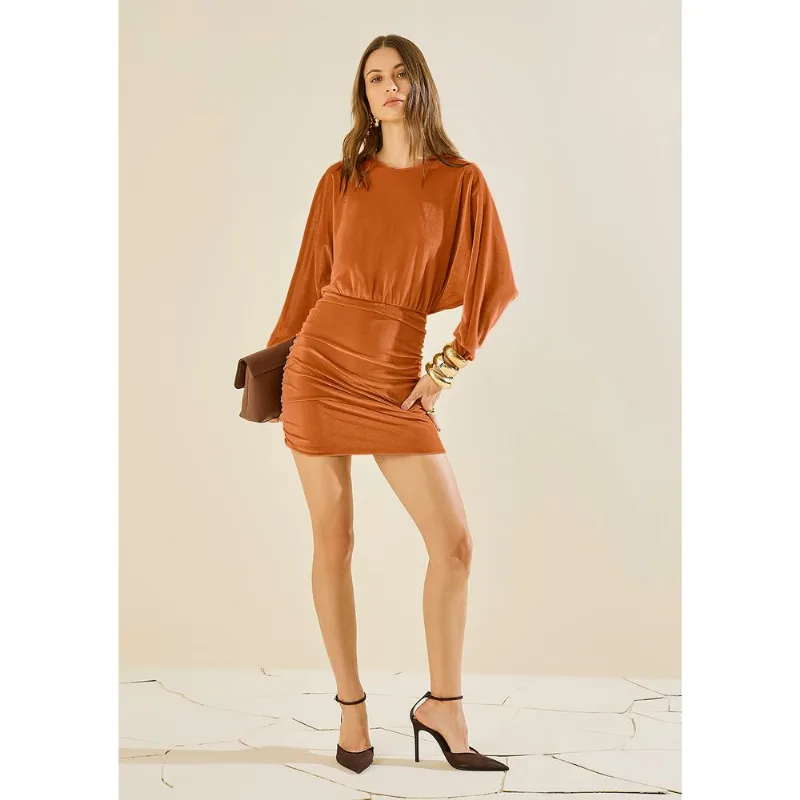 Vestido Morena Rosa Ajustado Decote Careca Manga Longa Curto Laranja G - Morena Rosa