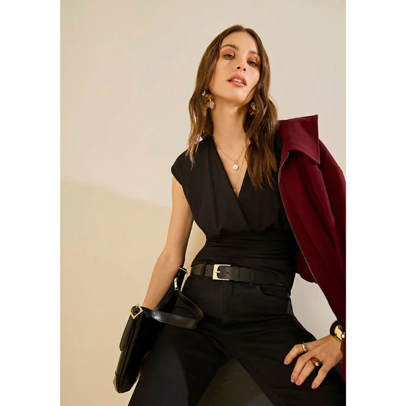 Blusa Morena Rosa Ajustada Decote Transpassado Manga Curta Padrão Preto M