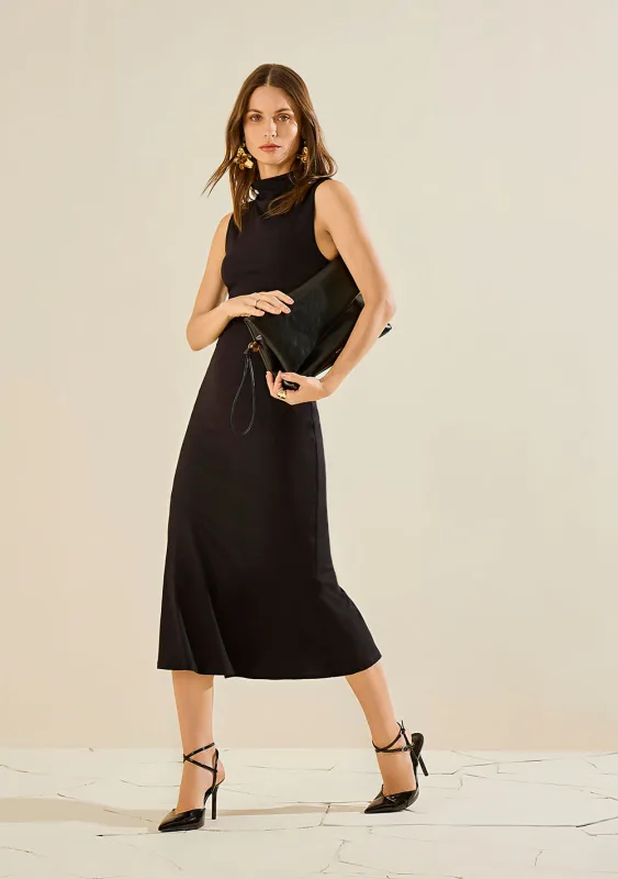 Vestido Morena Rosa Ajustado Gola Alta Sem Manga Midi Preto - Morena Rosa - Linhas