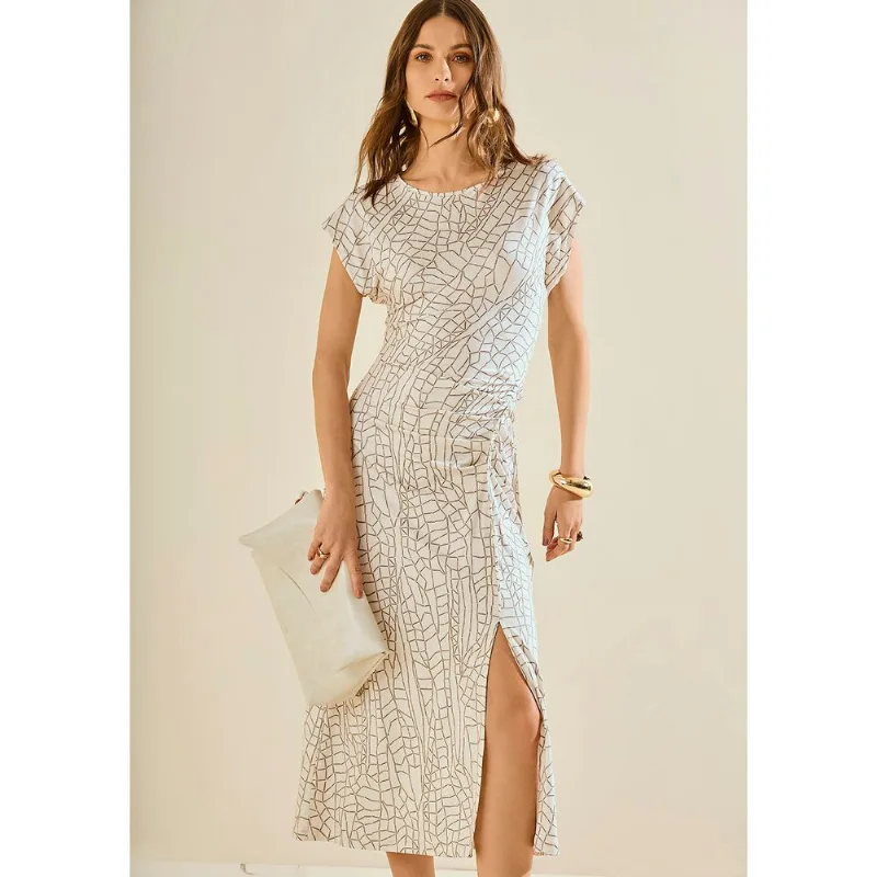 Vestido Morena Rosa Ajustado Decote Canoa Manga Curta Midi Off White M - Morena Rosa