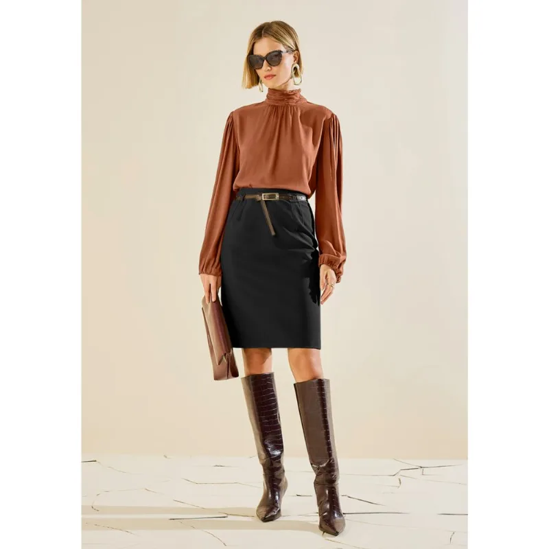Saia Morena Rosa Lápis Alta Midi Preto 40