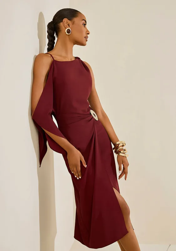 Vestido Morena Rosa Ajustado Decote Canoa Sem Manga Midi Bordo - Morena Rosa