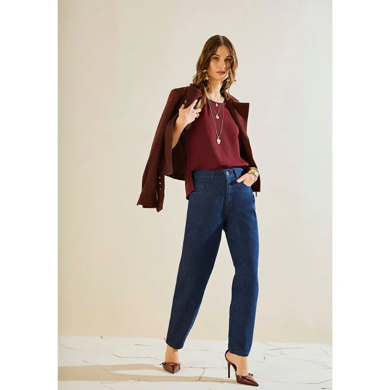 Calça Morena Rosa Mom Alta Azul 40