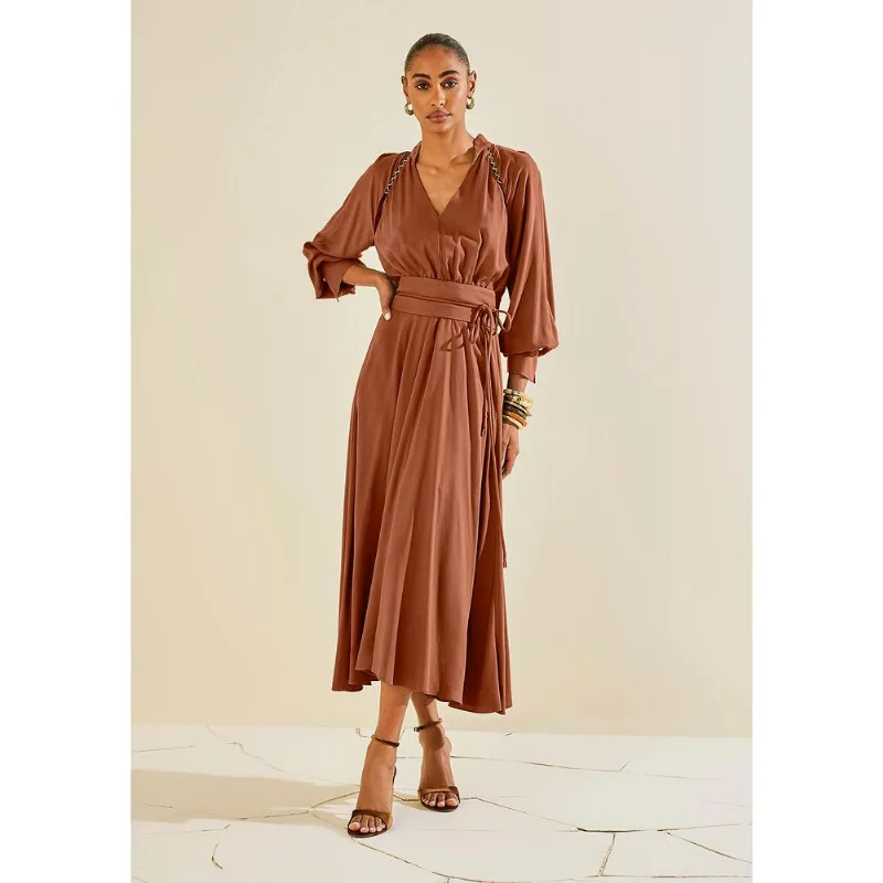 Vestido Morena Rosa Solto Decote V Manga Longa Midi Marrom G
