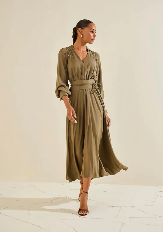 Vestido Morena Rosa Solto Decote V Manga Longa Midi Verde - Morena Rosa