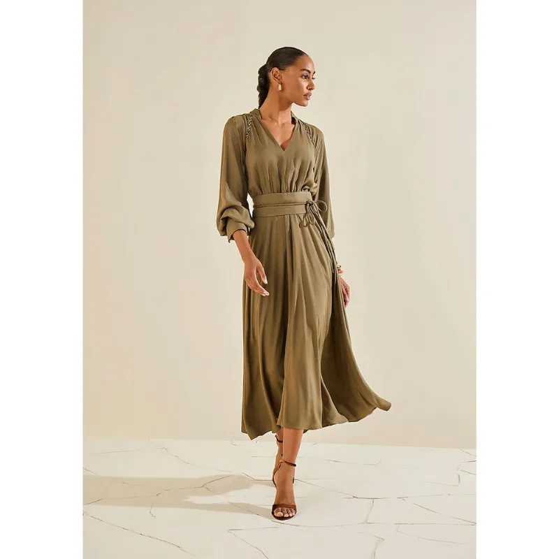 Vestido Morena Rosa Solto Decote V Manga Longa Midi Verde M