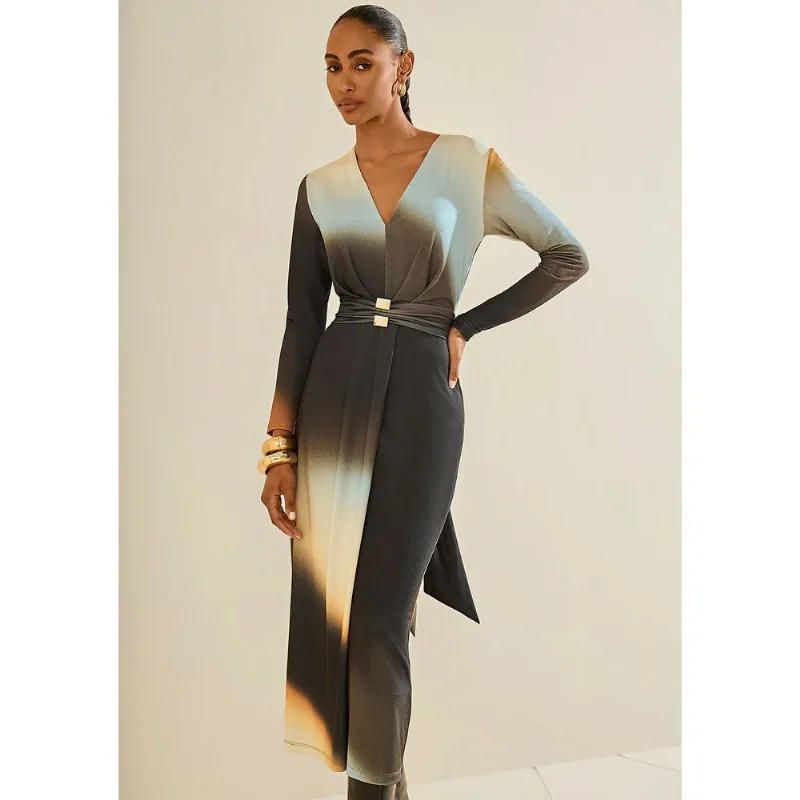 Vestido Morena Rosa Ajustado Decote V Manga Longa Midi Preto/Azul M