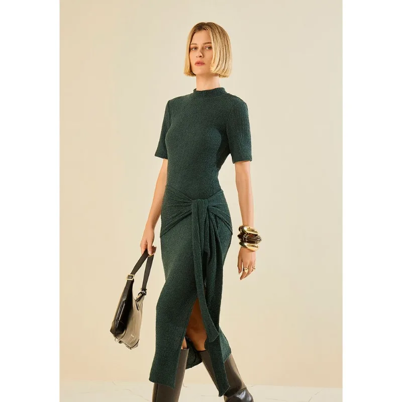 Vestido Morena Rosa Ajustado Gola Alta Manga Longa Midi Verde M - Morena Rosa