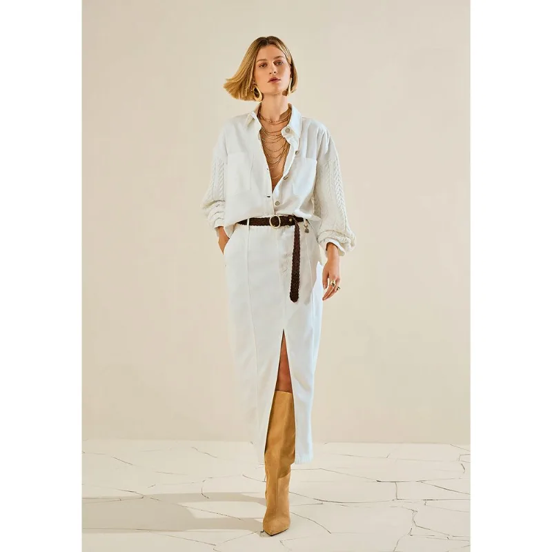 Saia Morena Rosa Reta Alta Midi Off White 40 - Morena Rosa