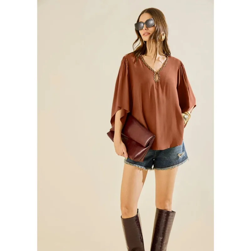 Blusa Morena Rosa Solta Decote V Manga Curta Padrão Marrom P