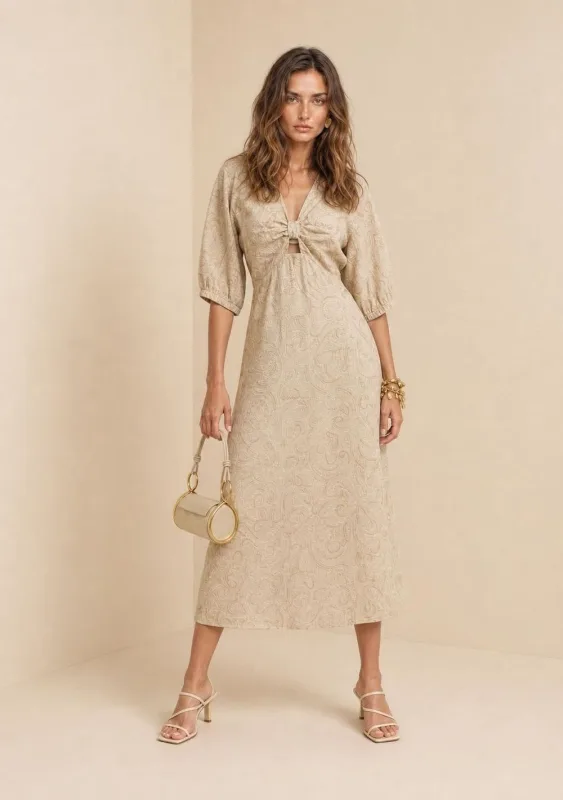 Vestido Morena Rosa Ajustado Decote V Manga 3 Quartos Midi Bege - Morena Rosa - Outlet