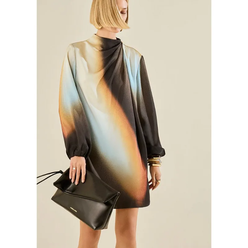 Vestido Morena Rosa Solto Gola Alta Manga Longa Curto Preto/Azul M - Morena Rosa