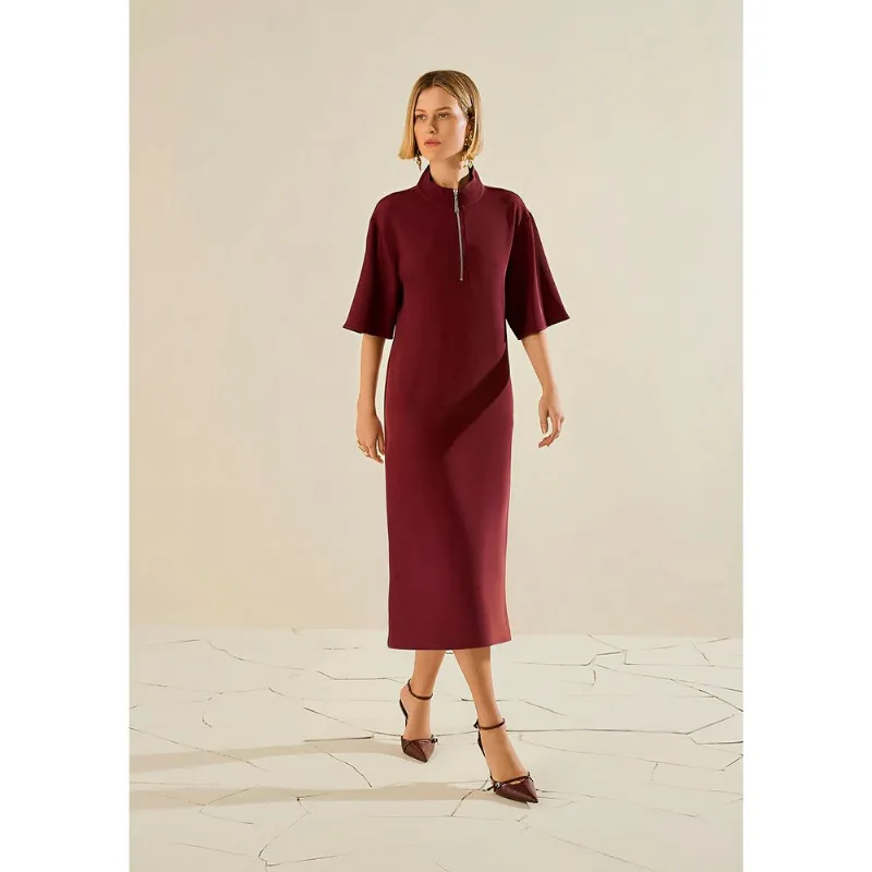 Vestido Morena Rosa Solto Gola Alta Manga Curta Longo Bordo G