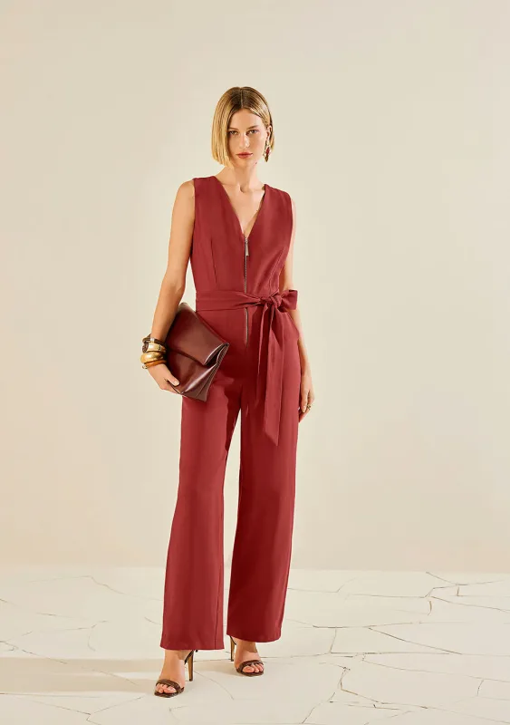 Macacão Morena Rosa Ajustado Decote V Sem Manga Longo Vermelho - Morena Rosa - Linhas