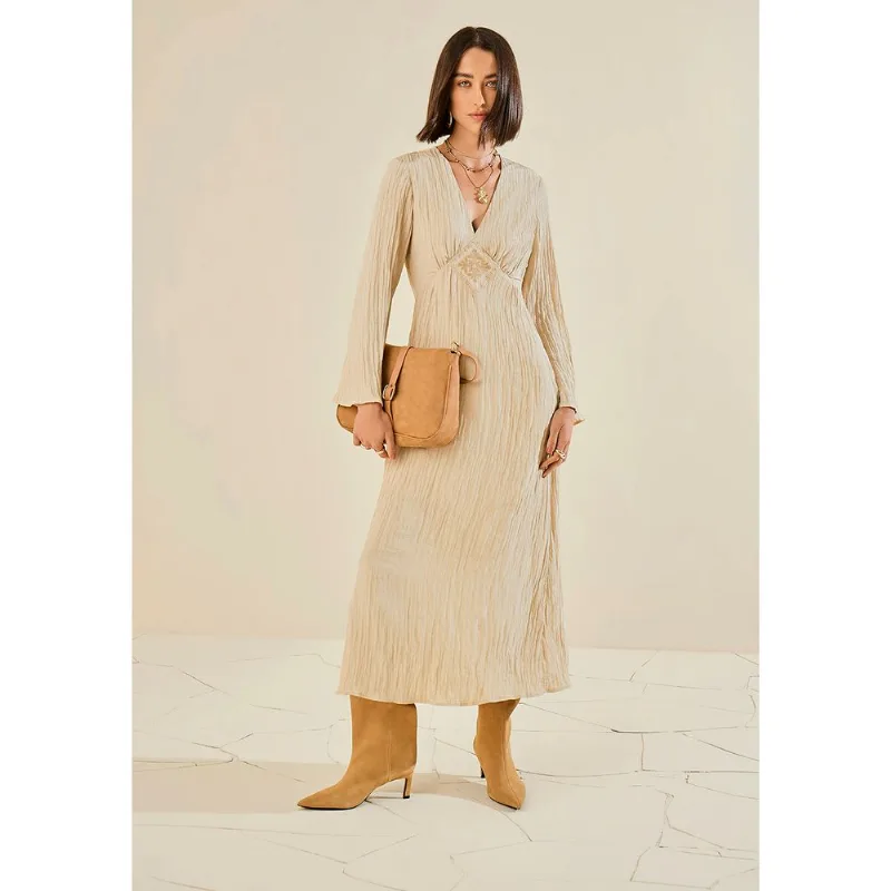 Vestido Morena Rosa Ajustado Decote V Manga Longa Midi Bege M