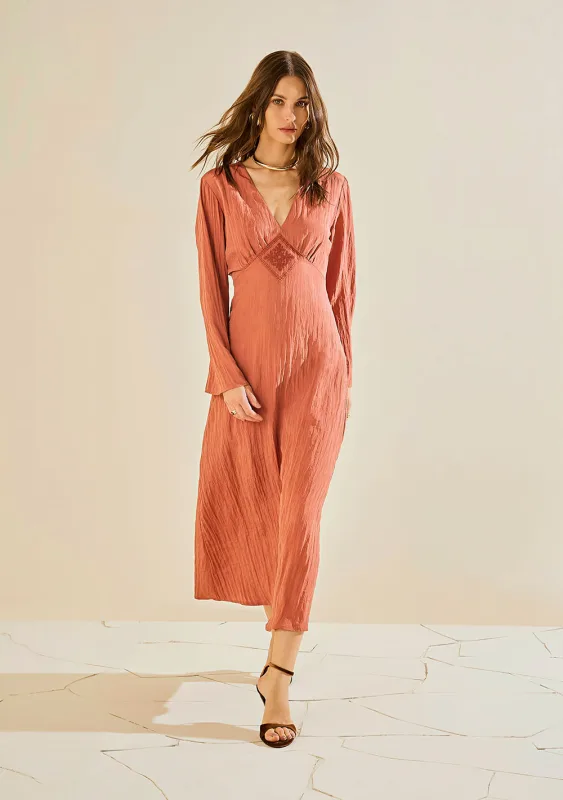 Vestido Morena Rosa Ajustado Decote V Manga Longa Midi Marrom - Morena Rosa - Linhas