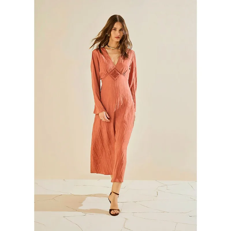 Vestido Morena Rosa Ajustado Decote V Manga Longa Midi Marrom M