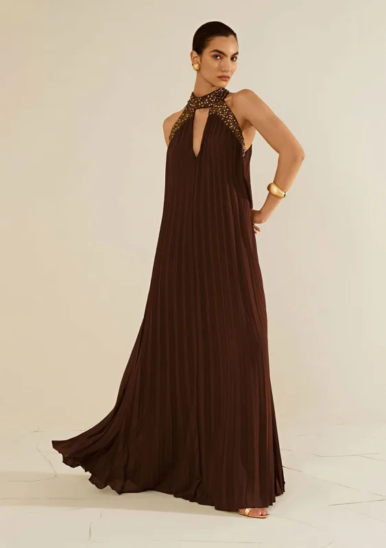 Vestido Solto Gola Alta Sem Manga Longo Marrom - Morena Rosa - Linhas