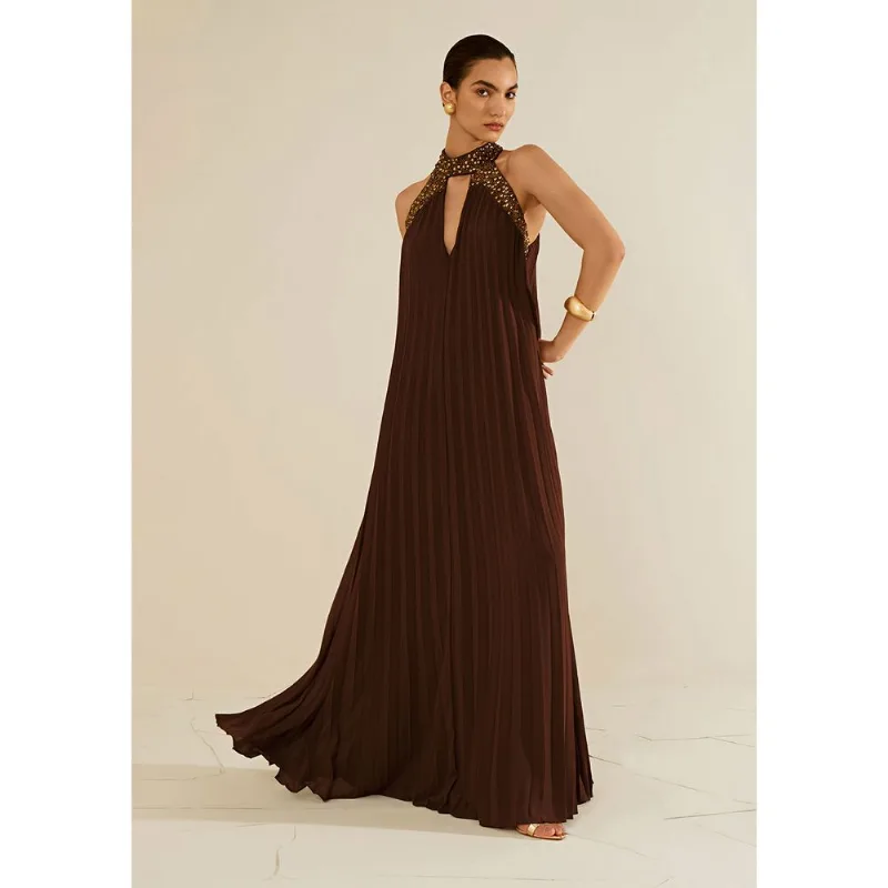Vestido Solto Gola Alta Sem Manga Longo Marrom G