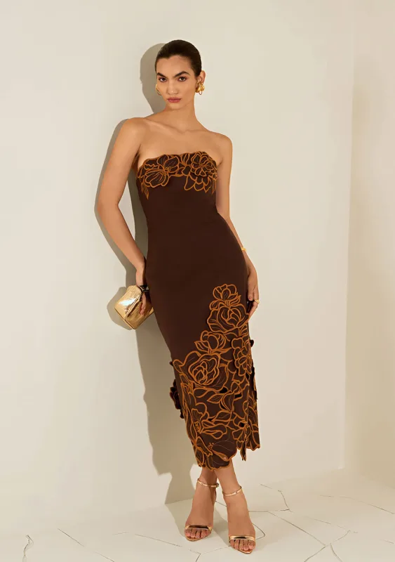 Vestido Ajustado Decote Reto Sem Manga Midi Marrom - Morena Rosa - Linhas