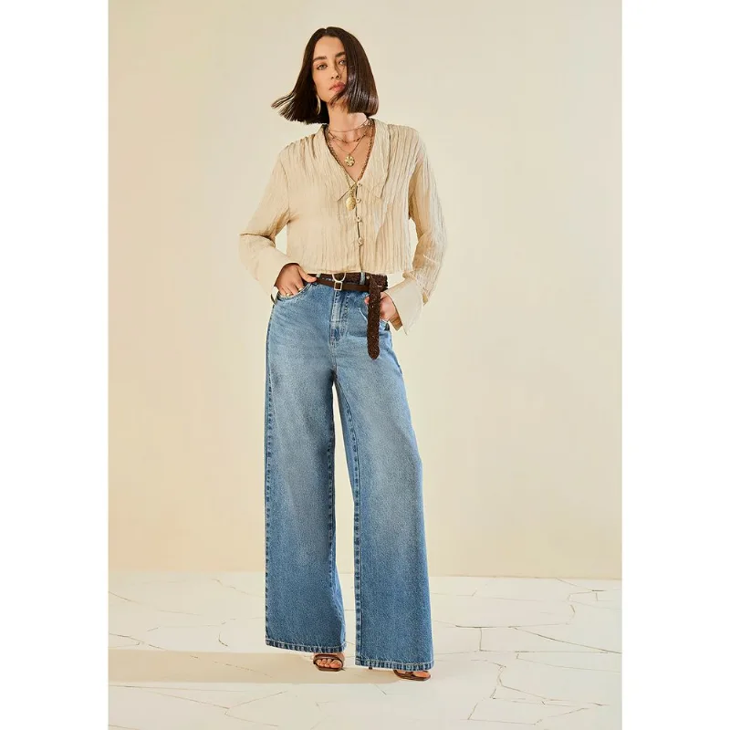 Calça Morena Rosa Pantalona Alta Azul 36