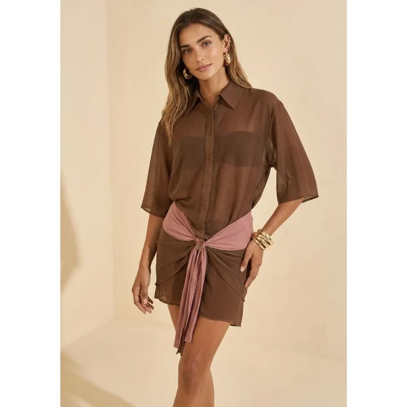 Camisa Manga Media Envoltura Marrom P - Morena Rosa