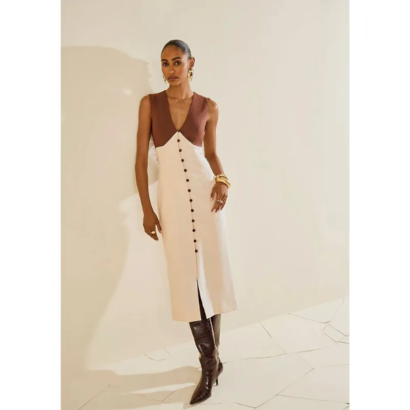 Vestido Morena Rosa Ajustado Decote V Manga Curta Midi Bege G - Morena Rosa