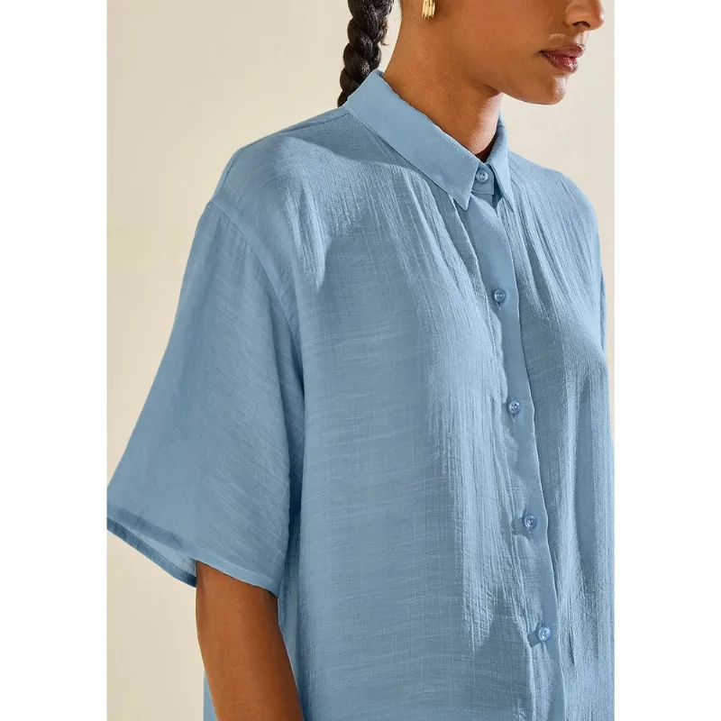 Camisa Morena Rosa Solta Gola Clássica Manga Curta Alongada Azul M