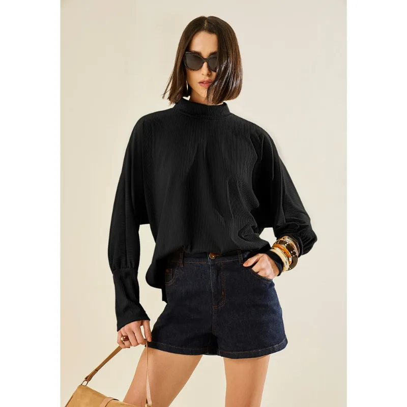 Blusa Morena Rosa Ajustada Gola Alta Manga Longa Padrão Preto G