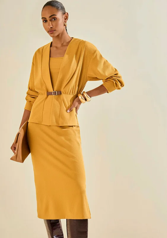 Vestido Morena Rosa Ajustado Decote Reto Manga Curta Midi Amarelo - Morena Rosa - Linhas