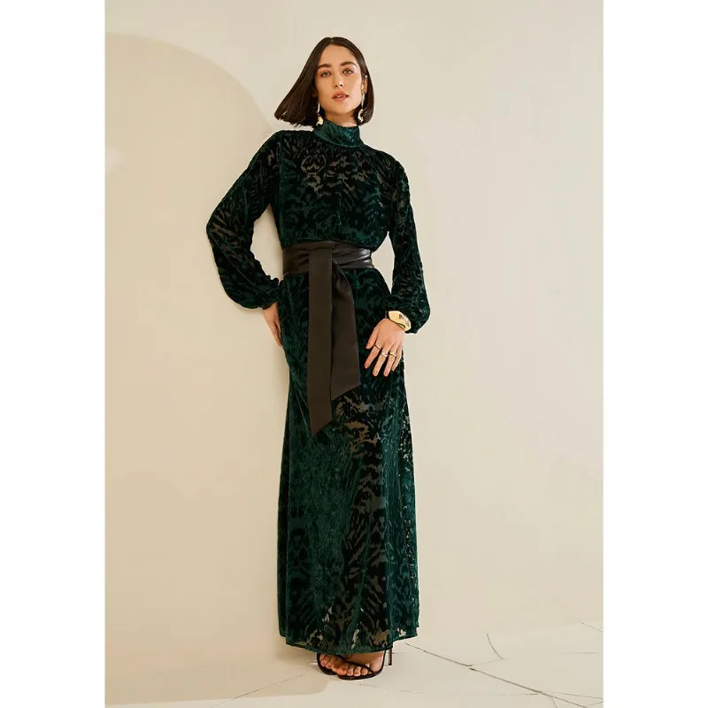 Vestido Morena Rosa Solto Gola Alta Manga Longa Longo Verde G
