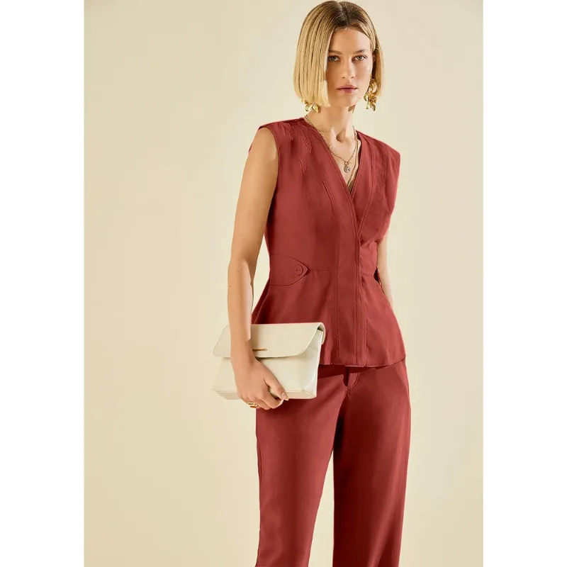 Blusa Morena Rosa Ajustada Decote V Sem Manga Padrão Vermelho P