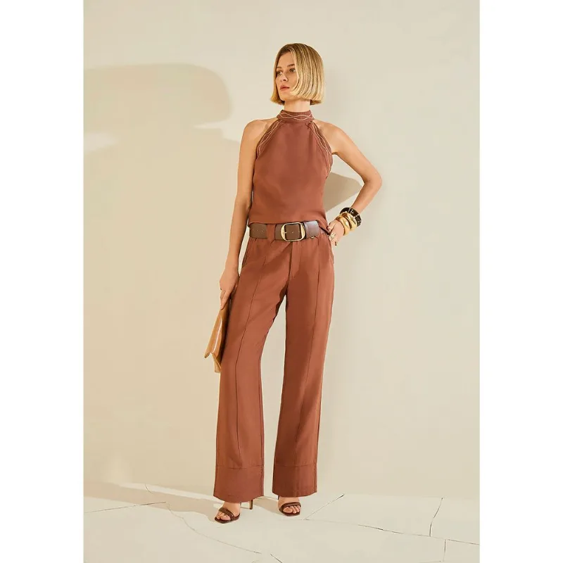Blusa Morena Rosa Ajustada Gola Alta Sem Manga Alongada Marrom P - Morena Rosa