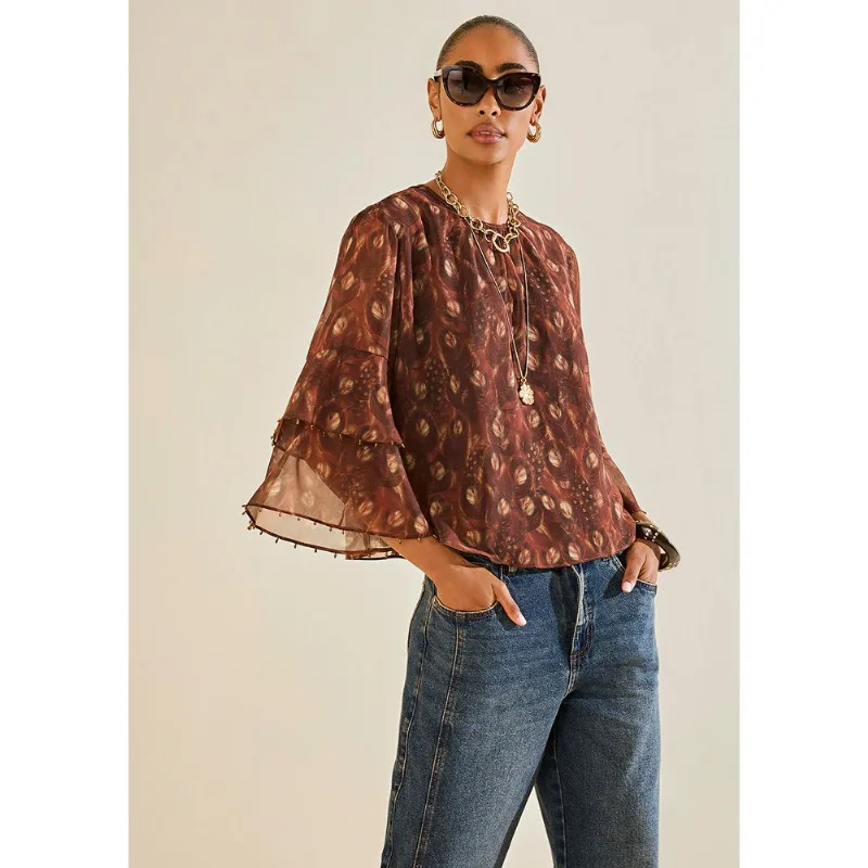 Blusa Morena Rosa Solta Decote Careca Manga Longa Padrão Marrom G