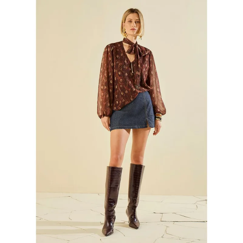 Blusa Morena Rosa Solta Decote V Manga Longa Padrão Marrom P