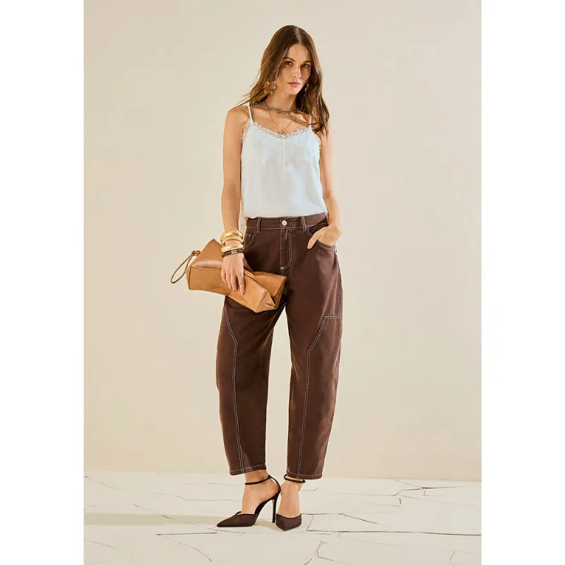 Calça Morena Rosa Cenoura Alta Marrom 42
