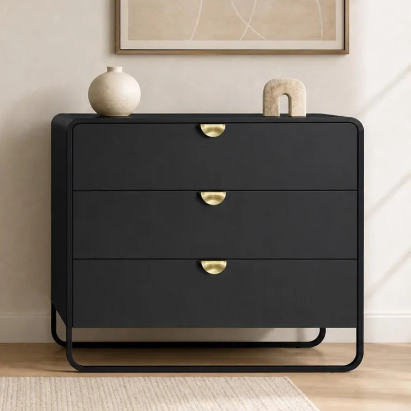 Cômoda Para Quarto 3 Gavetas Industrial Orgânico 90cm Alek A03 Nero Preto - Lyam Decor - Lyam Decor - Móveis